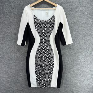 Sanoria Dress Women 14 White Geometric Sheath Midi Zipper 3/4 Sleeve Lined